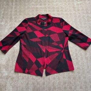 Ming Wang Knit Jacket Women's L Red Black Church Career Office 3/4 Sleeve Mature